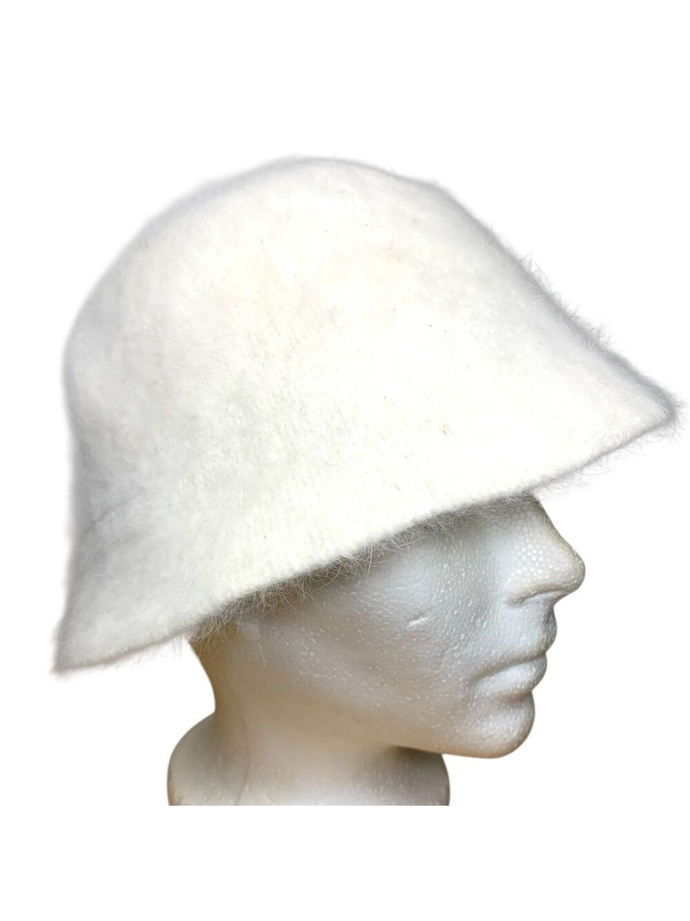 White Cream Angora Bucket Hat Soft Fuzzy Minimalist